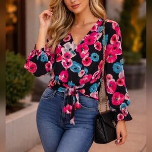 Juicy Couture Floral Artsy Tie-Front Blouse Size Large